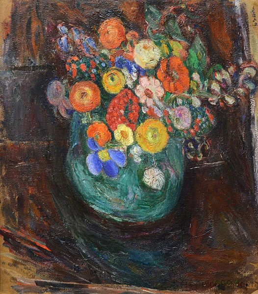 静物与绿色花瓶和鲜花 Still Life with Green Vase and Flowers，亚伯拉罕·曼尼维奇