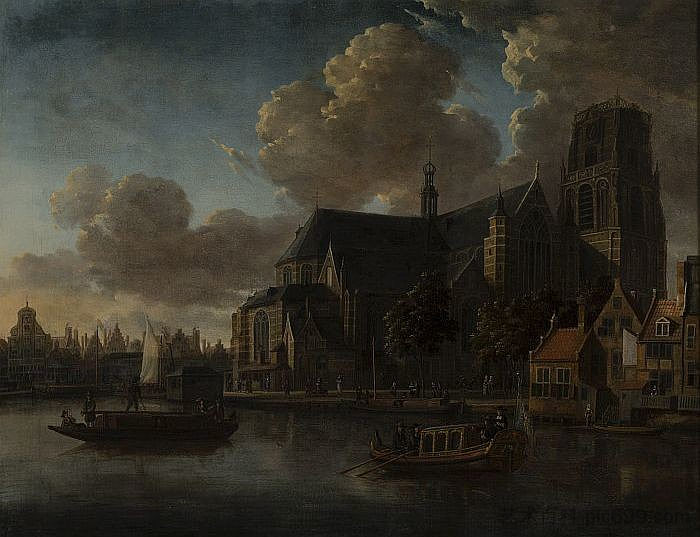 从东北方向看到的劳伦斯凯克景观 Gezicht Op De Laurenskerk Gezien Vanuit Noordoosten (1676)，亚伯拉罕·斯托克