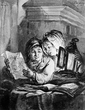 男孩和女孩看着图纸 Boy and girl looking at drawings，亚伯拉罕范斯特里