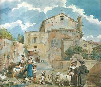 农民家庭和僧侣在教堂附近有动物 Peasant family and monks with animals near a church，阿奇尔·皮内利