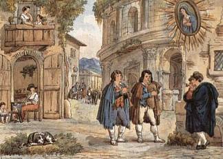 马塞勒斯剧院售货亭前的风笛手 Pipers in front of a kiosk at the Theater of Marcellus (1831)，阿奇尔·皮内利
