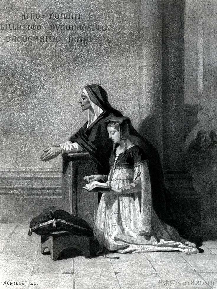 玛格丽特在教堂里听《死亡伊莱》 Marguerite in church listening to the Dies Irae (c.1864)，阿奇勒·佐