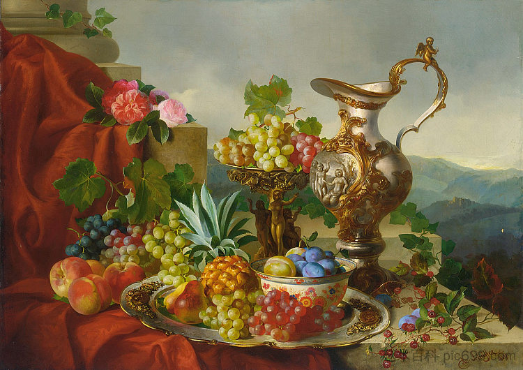 在大理石壁架上设置水果，玫瑰和水壶的静物 A Still Life With Fruit, Roses And A Pitcher Set On A Marble Ledge，阿达尔伯特·谢弗