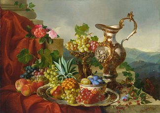 在大理石壁架上设置水果，玫瑰和水壶的静物 A Still Life With Fruit, Roses And A Pitcher Set On A Marble Ledge，阿达尔伯特·谢弗