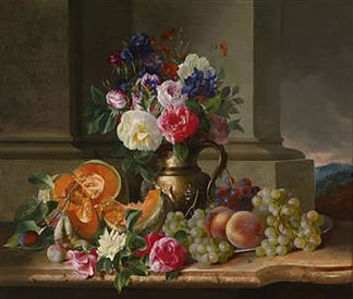 丰富的静物与鲜花和水果 Rich Still Life with Flowers and Fruit，阿达尔伯特·谢弗