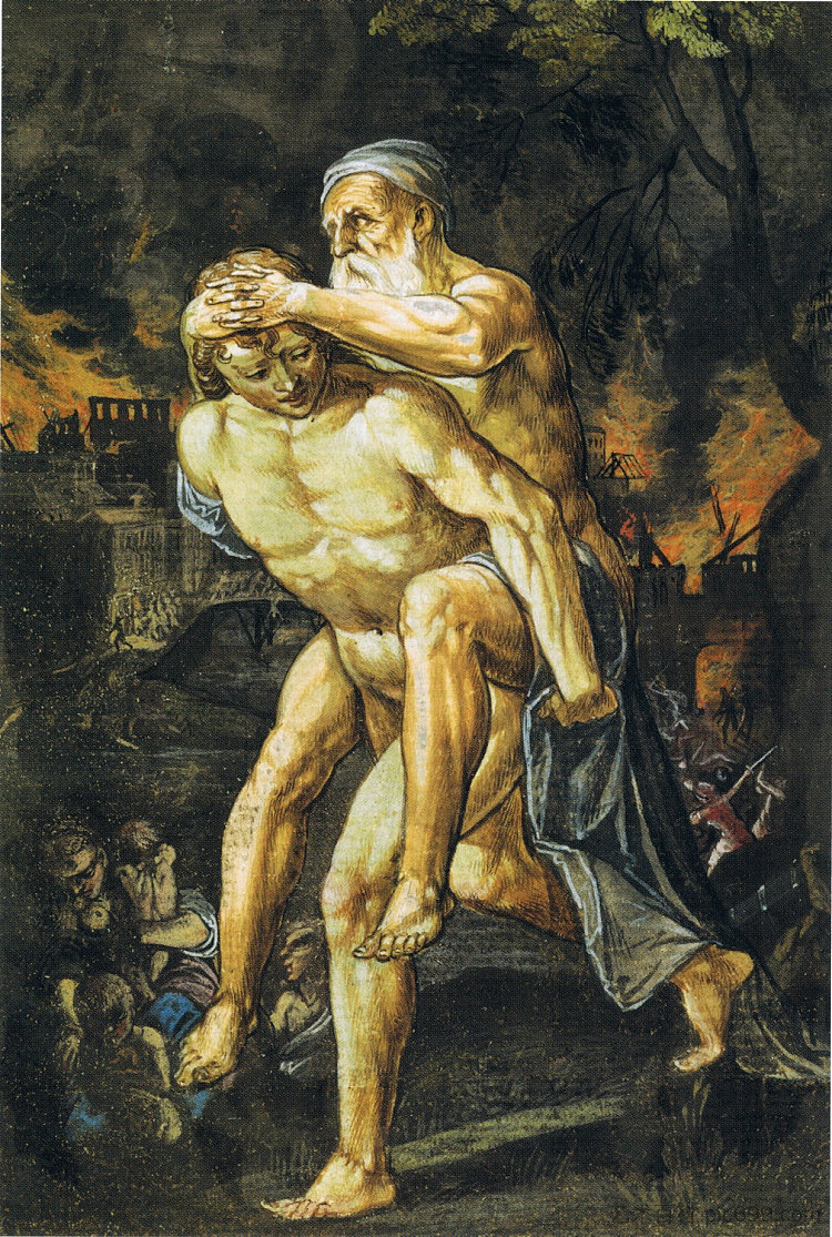埃涅阿斯从燃烧的特洛伊手中拯救安基西斯 Aeneas Saving Anchisis from Burning Troy,亚当·埃尔斯海默