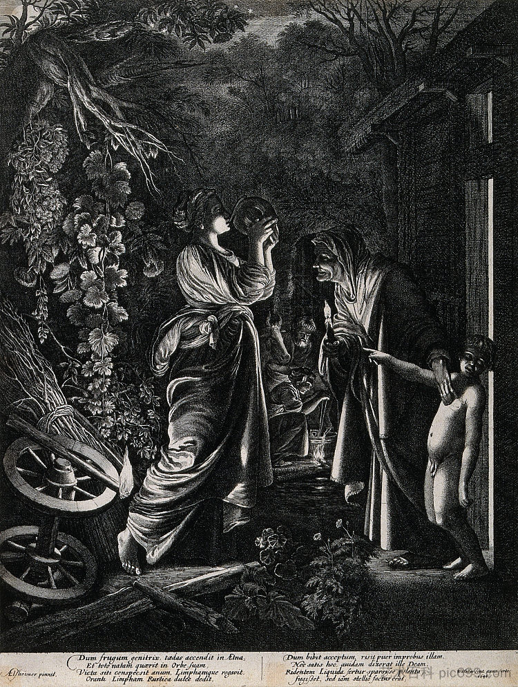 夜景显示谷神星从一个老妇人的瓶子里喝水 Night Scene Showing Ceres Drinking from a Flask of An Old Woman,亚当·埃尔斯海默