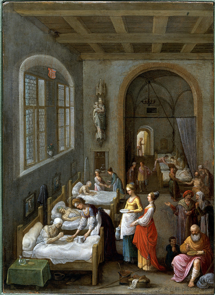 匈牙利圣伊丽莎白为医院囚犯送餐 Saint Elizabeth of Hungary Bringing Food for the Inmates of a Hospital (c.1598)，亚当·埃尔斯海默