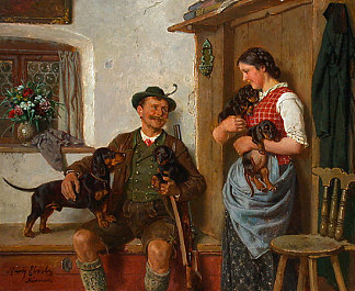 腊肠犬家族与猎人和女仆 The dachshund family with a hunter and a maid，阿道夫·埃伯勒