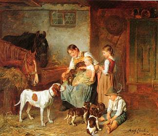 谷仓内部的幸福家庭 Happy family in a barn interior，阿道夫·埃伯勒