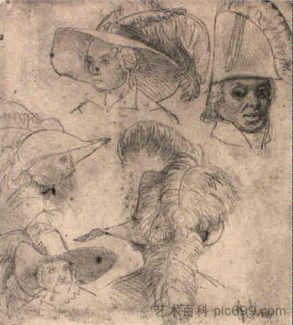 带头的学习表 Study sheet with heads (1834)，阿道夫·门采尔