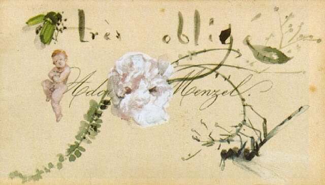 Très obligé（艺术家的名片，装饰着牡丹、蜻蜓、普托和蜜蜂） Très obligé (the artist's calling card, adorned with a peony, a dragonfly, a putto and a bee (1878)，阿道夫·门采尔