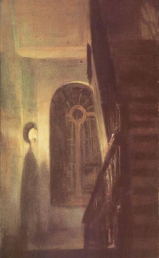 带夜间照明的楼梯 Treppenflur bei Nachtbeleuchtung (1848)，阿道夫·门采尔