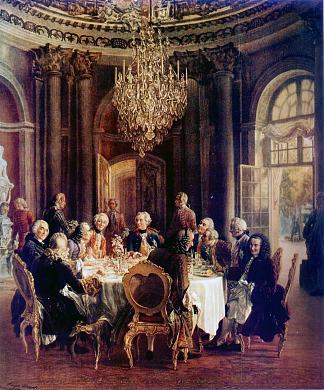 伏尔泰在普鲁士腓特烈二世宫廷 Voltaire in the Court of Frederick II of Prussia (1850)，阿道夫·门采尔