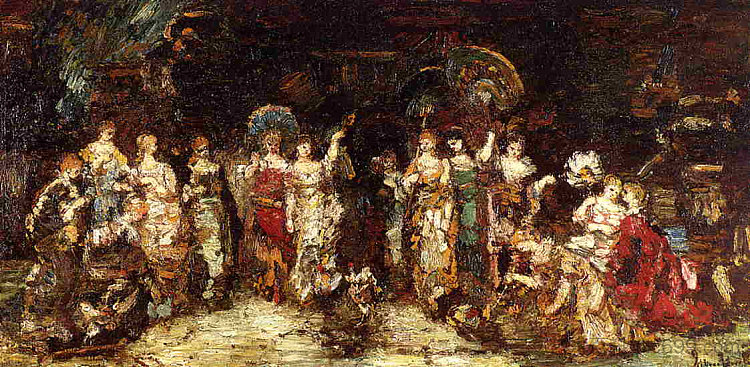在一群年轻女性面前斗鸡 Cock Fight in Front of a Group of Young Women,阿道夫·约瑟夫·托马斯