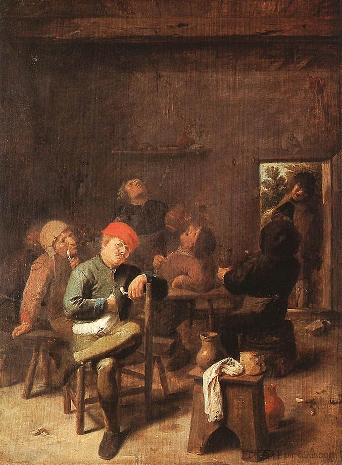 农民抽烟喝酒 Peasants Smoking And Drinking (c.1635)，阿德里安·布鲁维尔