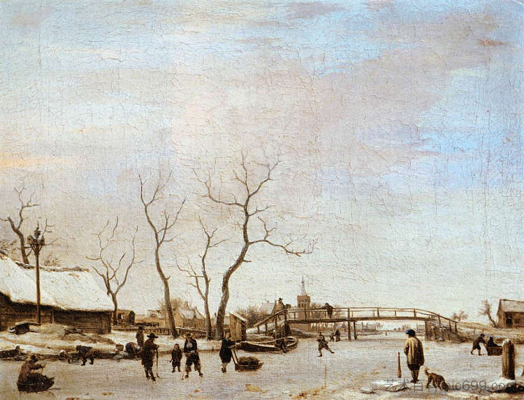 冰冻运河与滑冰运动员和曲棍球运动员 Frozen Canal with Skaters and Hockey Players (1668)，阿德里安·凡·德·维尔德