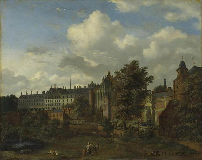 布鲁塞尔勃艮第公爵古城堡的景色 View of the ancient castle of the Dukes of Burgundy in Brussels (1670 - 1672)，阿德里安·凡·德·维尔德