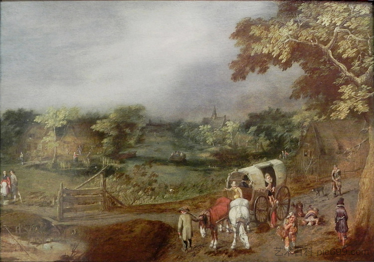 夏日乡村景观与马 A Summer Village Landscape with Horse (c.1625)，阿德里安范德韦恩