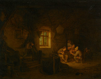 小酒馆内部，农民在窗下喝酒 A Tavern Interior with Peasants Drinking Beneath a Window (1653)，阿德里安·范·奥斯塔德