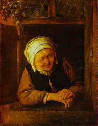 窗边的老妇人 An Old Woman by Window (c.1640)，阿德里安·范·奥斯塔德