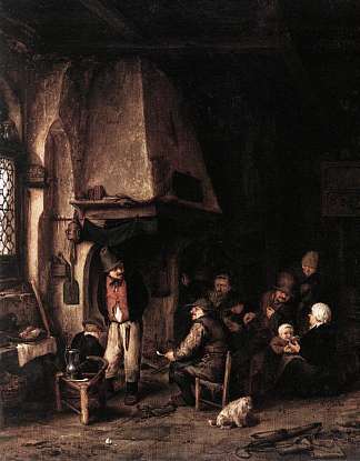 带溜冰者的农舍内部 Interior of a Farmhouse with Skaters (1650)，阿德里安·范·奥斯塔德