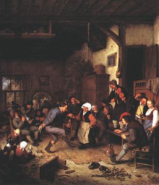 客栈里的欢乐匠 Merrymakers in an Inn (1674)，阿德里安·范·奥斯塔德