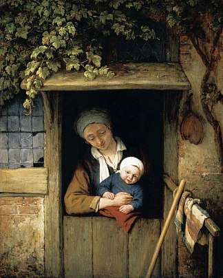 母亲抱着孩子在门口 Mother Holding Her Child in a Doorway (1667)，阿德里安·范·奥斯塔德