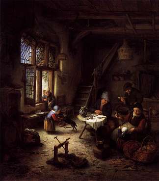 小屋内部的农民家庭 Peasant Family in a Cottage Interior (1661)，阿德里安·范·奥斯塔德