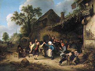 农民在客栈外跳舞 Peasants Carousing and Dancing outside an Inn (1660)，阿德里安·范·奥斯塔德