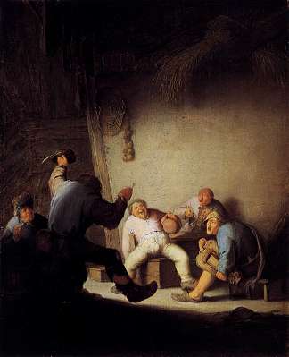 农民在谷仓里喝酒和制作音乐 Peasants Drinking and Making Music in a Barn (c.1630 – c.1635)，阿德里安·范·奥斯塔德