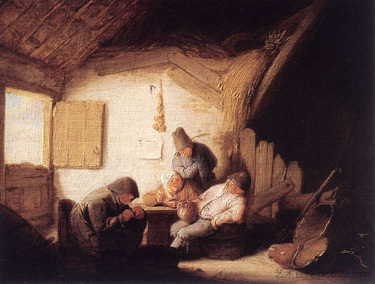 四个数字的乡村酒馆 Village Tavern with Four Figures (1635)，阿德里安·范·奥斯塔德