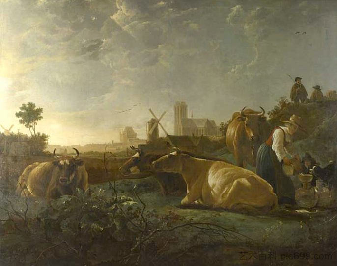 多德雷赫特的远景，有一名挤奶女工和四头奶牛 A Distant View of Dordrecht, with a Milkmaid and Four Cows (1650)，阿尔伯特·库普