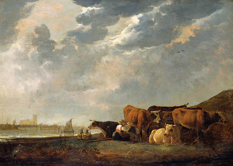 马斯河附近的牛群，远处是多德雷赫特 Cattle near the Maas, with Dordrecht in the distance，阿尔伯特·库普