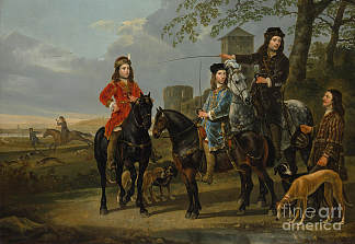 科内利斯和米歇尔·庞贝·范·梅尔德沃特的马术肖像与他们的导师和马车夫 Equestrian Portrait of Cornelis and Michiel Pompe van Meerdervoort with their Tutor and Coachman，阿尔伯特·库普