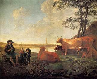 牧羊人和羊群的景观，靠近雷嫩 Landscape with Shepherds and Flock, Near Rhenen，阿尔伯特·库普