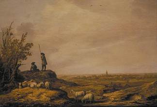 牧羊人，绵羊和远处城镇的全景景观 Panoramic Landscape with Shepherds, Sheep and a Town in the Distance (1644)，阿尔伯特·库普