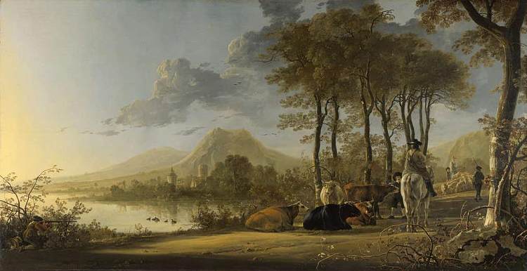 河景与骑手和农民 River Landscape with Horseman and Peasants (c.1658 - 1660)，阿尔伯特·库普