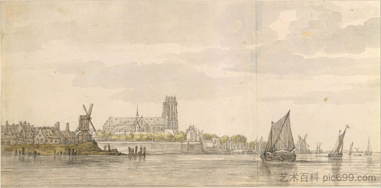 从马斯河看多德雷赫特的格鲁特教堂 View of the Groote Kerk in Dordrecht from the River Maas (c.1647 - c.1648)，阿尔伯特·库普