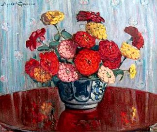 灰色花瓶里的百日菊 Zinnias in a Grey Vase，艾格尼丝·古德西尔