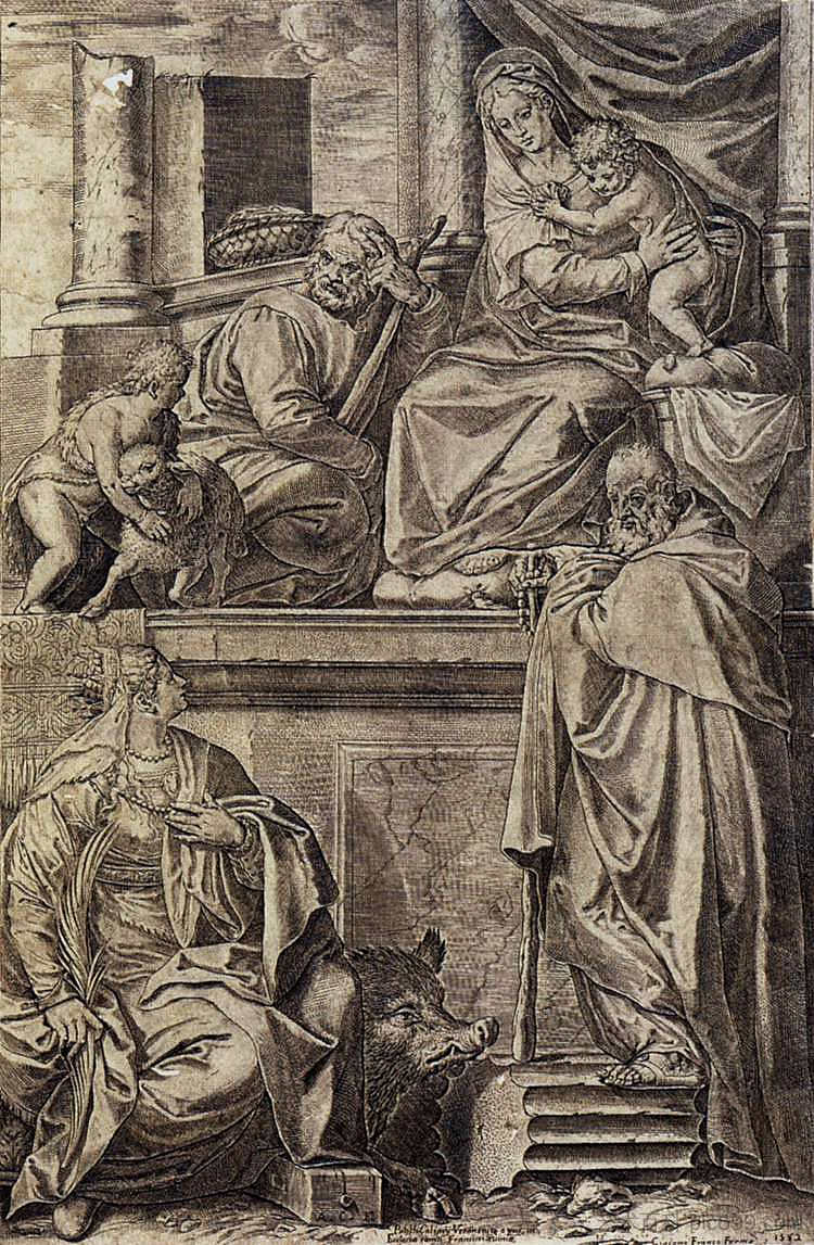 圣家与圣安东尼·阿博特、凯瑟琳和婴儿圣约翰 The Holy Family with Sts. Anthony Abbot, Catherine and the Infant St. John (1582),阿戈斯蒂诺·卡拉奇
