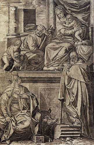 圣家与圣安东尼·阿博特、凯瑟琳和婴儿圣约翰 The Holy Family with Sts. Anthony Abbot, Catherine and the Infant St. John (1582)，阿戈斯蒂诺·卡拉奇