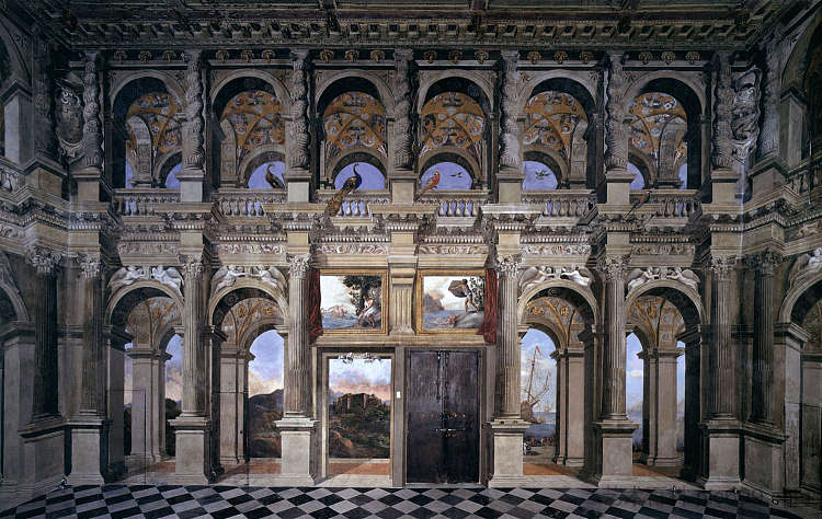 具有景观的模拟凉廊建筑 Simulated Loggia Architecture with Landscape Views (c.1621)，阿戈斯蒂诺·塔西