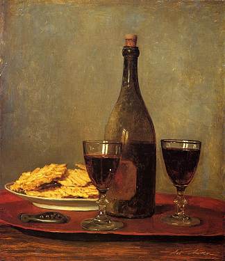 静物：托盘上的两杯红酒，一瓶葡萄酒，一个开瓶器和一盘饼干 Still Life: Two Glasses of Red Wine, a Bottle of Wine, a Corkscrew and a Plate of Biscuits on a Tray，阿尔布雷希特·安克尔
