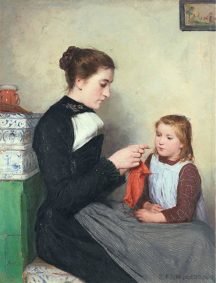 编织伯尔尼妇女与孩子 Knitting Bernese woman with child,阿尔布雷希特·安克尔