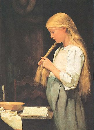 女孩编辫子头发 Girl Braiding Her Hair (1887)，阿尔布雷希特·安克尔