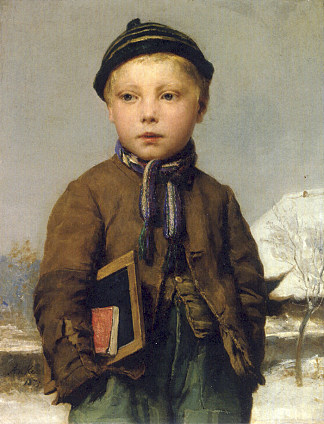 小学生在雪地里拿着石板 School boy with slate board in a snowy landscape (1875)，阿尔布雷希特·安克尔