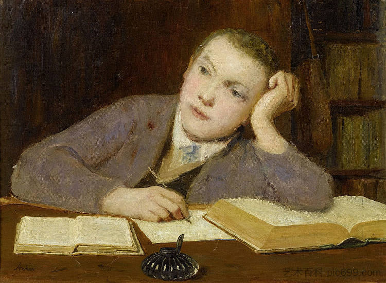 写作男孩 Writing boy (1908)，阿尔布雷希特·安克尔