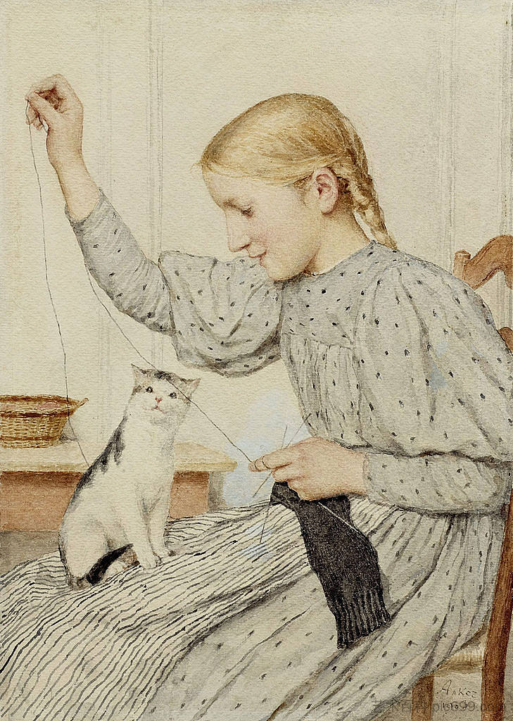坐着的女孩和一只猫 Sitting girl with a cat (1903),阿尔布雷希特·安克尔
