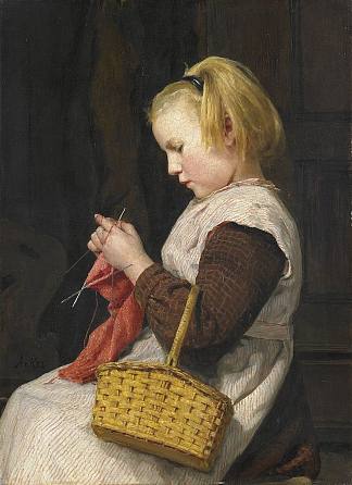 编织女孩与篮子 Knitting girl with basket (1897)，阿尔布雷希特·安克尔